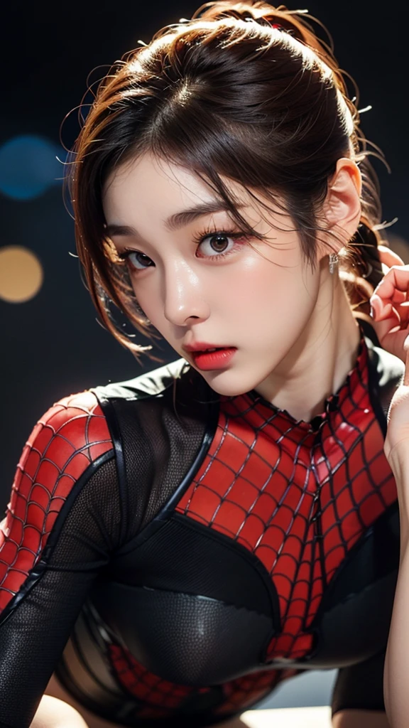 tmasterpiece,1 Korean girl，realisticlying，8K  UHD，high high quality，in the background bokeh, spider-man black suit，Spidey，Clothes wrap around the whole body，Tight clothing，Abs contour，Short black hair，s the perfect face，shining face，Ultra-clear face，Elaborate Eyes，idoly