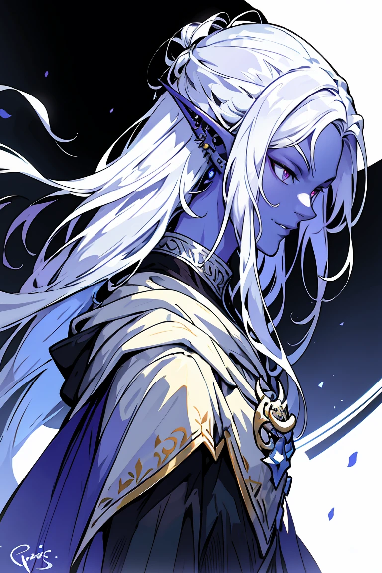 drow, white hair with purple low-ombre dye, male, pointy ears, solo, Calm slightly smile, elf, long hair, colored skin, white hair, blue grey skin, jewelry, earrings, bun hair, long hair, black adventuring clothes with silver and purple accent, lavender purple eyes, profile, upper body, from side, signature, piercing, artist name, ear piercing, nose, lipasterpiece, best quality)), art by greg rutkowski
