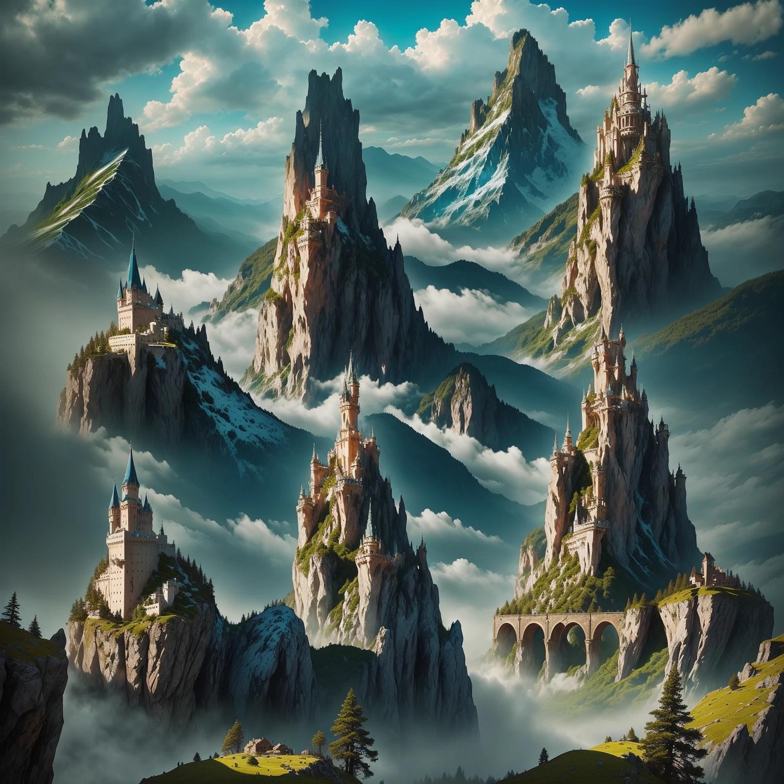 a picture taken from a cliff with a castle on top of it, epic rivendell fantasy, high fantasy castle, fantasy castle, beautiful castle, rivendell, magical castle school on a hill, fantasy scenic, epic castle, fantasy setting, fantasy highly detailed, magical castle, castle on the mountain, matte painting in fantasy style, beautiful detailed fantasy, medieval fantasy art
