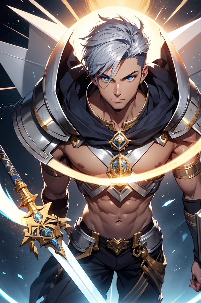 Muscular 22 year old man, rectangular body, trapezoidal head, with blue eyes, latin features, short silver hair, wearing silver armor with gold accents and tanned skin, posing standing, with a ring of light above his head, with a sword