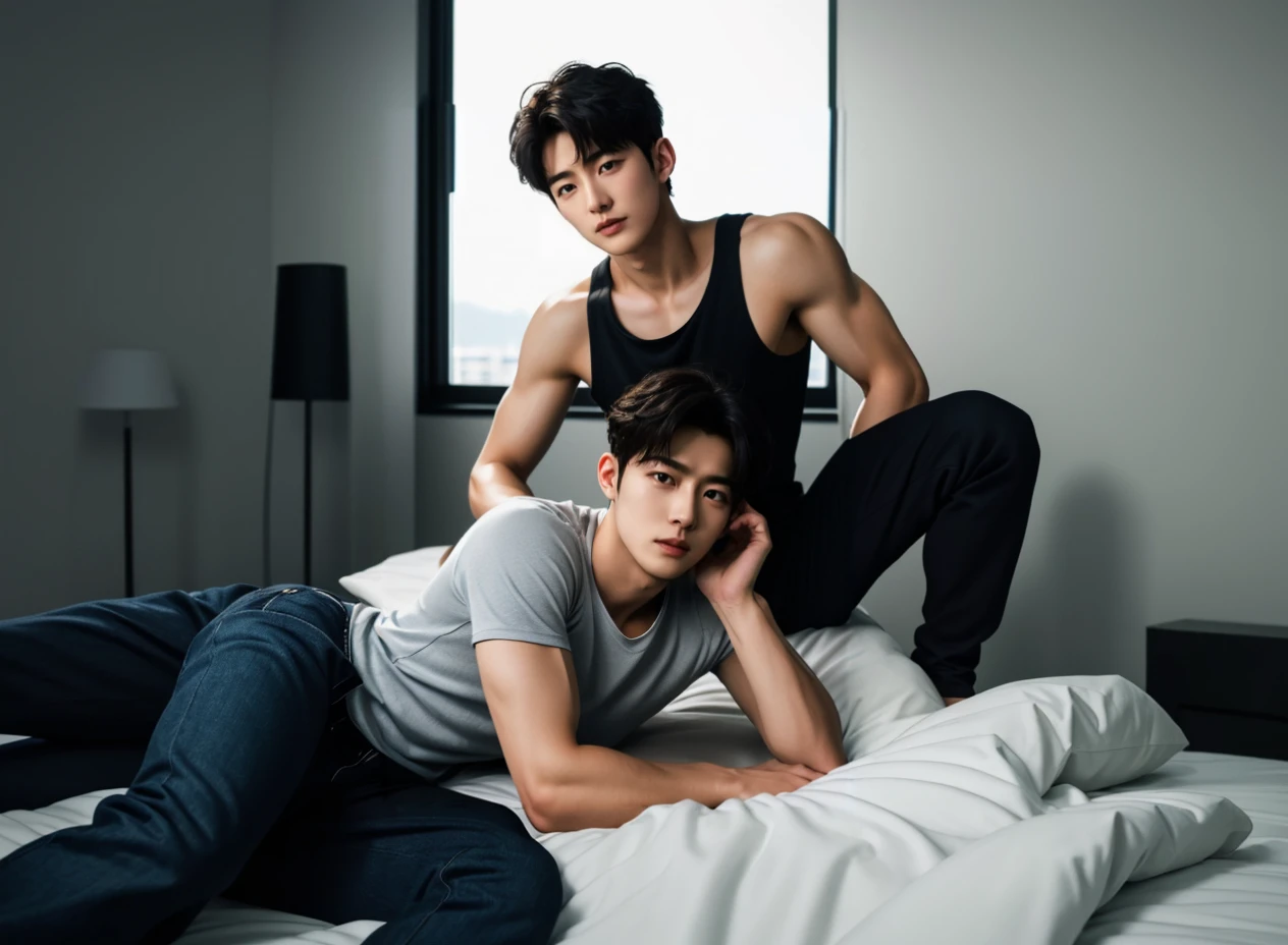 Two Asian men posing together on bed, Korean male, Two handsome men, gunwoo kim 和 j.Dickinson, Two handsome anime guys, Two young men, Muscle men tangled together, 2 Muscular attractive men, Shin Jin Hye, Two muscular men entangled, alessio albi 和 shin jeongho, beautiful male twins portrait