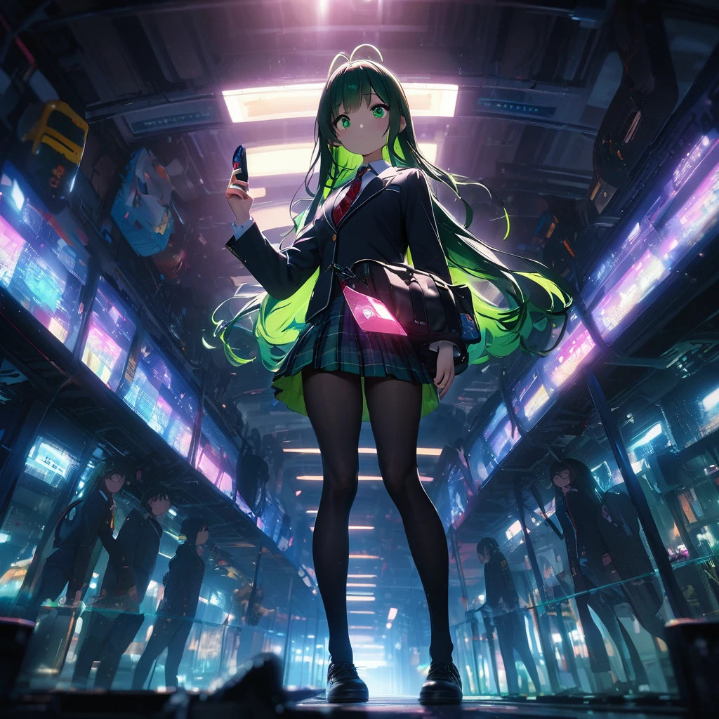 simple background crowded train of Tokyo, dutch_angle, (masterpiece, cute_cartoon_style, official_art, octane_render):1.4, ice_photography, double exposure prism, 
1 girl, black school bag, point her finger at phone, (perfect anatomy, perfect hands only 5fingers), (detailed green eyes, jet-black long_hair, colored inner green ombre hair multicolored hair,antenna hair):1.21,  diffused_natural_skin_glow, headphone, staring, (in black combination_school blazer, tartan plaid skirt), cherubic_face, melancholy, eyebrows, black_leather_shoes, bespectacled, thrusting_hand_out,  light shadow symmetry, ethereal lighting, ray tracing, 
repaint (jet-black long_hair, colored inner green hair):1.33, 