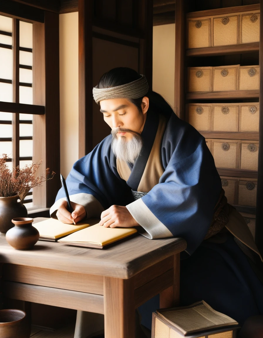Korean middle ages man writing 4 envelops on his desk