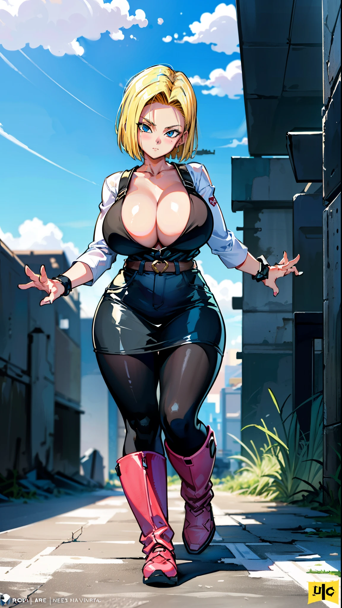 supergirl, pureerosface_v1, sticker of a girl from dc comic, full body, Kim Jung gi, , (gigantic breasts breasts 1.6),soul, digital illustration, comic style, cyberpunk, perfect anatomy, centered, approaching perfection, dynamic, highly detailed, watercolor painting, artstation, concept art, smooth, sharp focus, illustration, art by Carne Griffiths and Wadim Kashin ,, (masterpiece, best quality, ultra-detailed, best shadow),, In the style of Neon Genesis Evangelion, you find yourself standing on a desolate, post - apocalyptic wasteland, as the distant ruins of a massive city loom on the horizon. The sky is filled with ominous clouds, as a massive creature towers in the distance, huge breast, gigantic , titsnipples, curvy, thicc