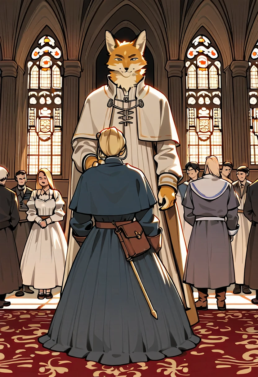dynamic angle, top quality, best quality, High-quality illustrations, masterpiece, super high resolution, detailed background, detailed background, alchemist, medieval Europe, chandelle, group shot:0.1, boys, girls, absurdres(highly detailed beautiful face and eyes)perfect anatomy, expression, good lighting, cinematic shadow(kemono, furry anthro),