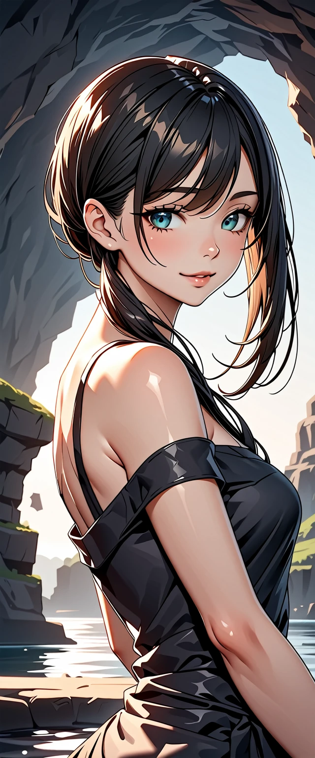 masterpiece, highest quality, High resolution, girl,saw 2, blue eyes, black hair, Low twintails and short cut, medium breasts, frown,blush, girl1名, Black tight suit,streak,place both hands on hips, looking at the viewer。black quagmire,Wandering in the swamp,the sky is cloudy,The water surface is black and murky,