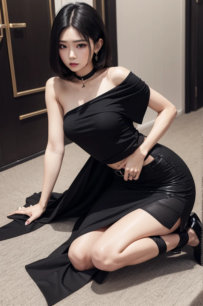 with medium hair with black slit skirt
