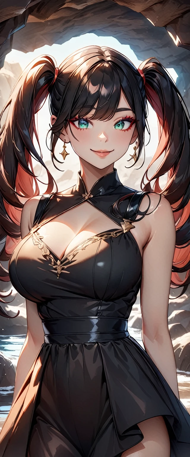 Photo of a woman with natural skin, Seaside cave, The light is shining in, Upper Body, Smiling, High Twintails, Black hair with red mesh, Sharp eyes with red eyeshadow, Blue-green eyes, Shining eyes, A thin, upturned nose, Well-shaped lips, Big Breasts, ((Black off-the-shoulder dress, Thin shoulder straps)), barefoot, Makeup, Exquisitely crafted with the utmost attention to detail, Vibrant, amazing, Smooth, Cinematic, 4K, Backlight, (()), Shallow depth of field, ((Detailed eyes:1.3, Detailed lips:1.3, high quality, )), masterpiece, Super detailed images, High quality