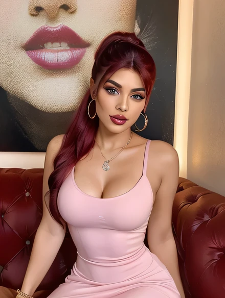 Generate an image of Marina, a 25-year-old modern Indian influencer, in a realistic setting. She is wearing a tight-fitting, sleeveless, red bodycon dress with a scoop neckline that ends above the knee, accentuating her figure with an increased bust size. Her hair is medium-length, straight with slight waves at the ends, and styled in a high ponytail with a matching red hair tie. Marina's hair color is a deep, reddish-purple hue that’s bold yet sophisticated. Her makeup is natural, featuring highlighted cheekbones, soft pink lips, and defined eyebrows. She is sitting comfortably with her legs bent and her arms resting on her thighs, exuding a relaxed and confident demeanor. Her bust is prominently featured, with a half-show effect in the neckline of the dress. She has a soft smile on her face and is wearing small hoop earrings. The overall look is stylish and sophisticated, perfect for her daily life and fashion influencer persona."