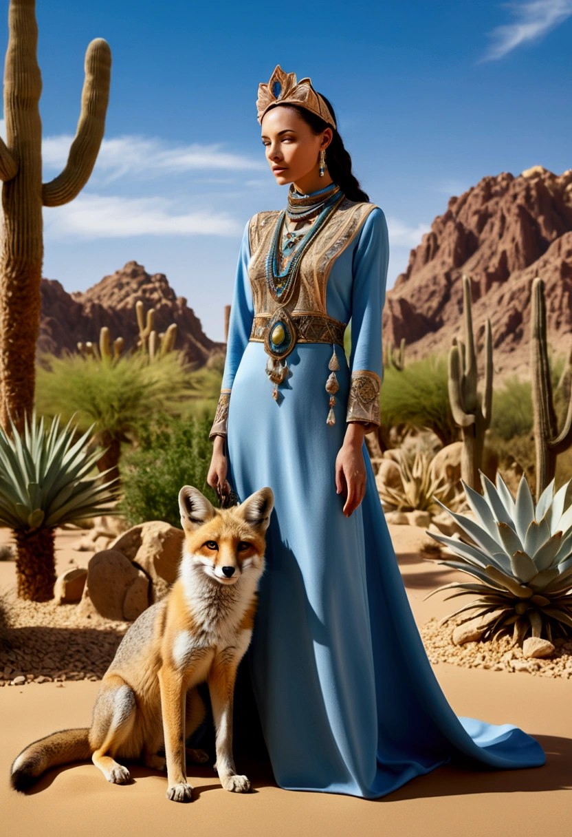 (a Desert Princess), dressed in exquisite desert attire plays with her pet desert fox in an oasis surrounded by various desert plants, with the background featuring oases, desert roses, blue sky, full body, (Photography), panoramic view, award-winning, cinematic still, emotional, vignette, dynamic, vivid, (masterpiece, best quality, Professional, perfect composition, very aesthetic, absurdres, ultra-detailed, intricate details:1.3)