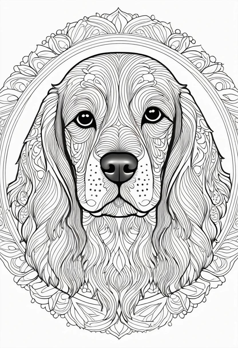 A striking black and white line art coloring page designed for adults with white background, featuring a majestic cocker spaniel in a mandala-inspired style. The cocker spaniel is adorned with intricate patterns that include floral and geometric designs, making it an engaging and detailed work of art. The illustration focuses on crisp, clean lines and bold outlines, without any shading or color, allowing the user to bring their own vibrancy to the piece. The minimalistic design, with its thick lines and absence of background details, creates a soothing coloring experience for adults seeking calming and creative activities. illustration