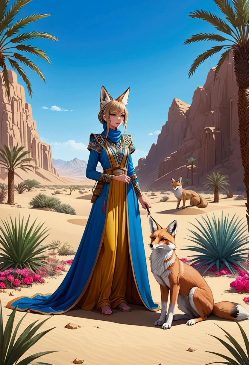 (a Desert Princess), dressed in exquisite desert attire plays with her pet desert fox in an oasis surrounded by various desert plants, with the background featuring oases, desert roses, blue sky, full body, (Photography), panoramic view, award-winning, cinematic still, emotional, vignette, dynamic, vivid, (masterpiece, best quality, Professional, perfect composition, very aesthetic, absurdres, ultra-detailed, intricate details:1.3)