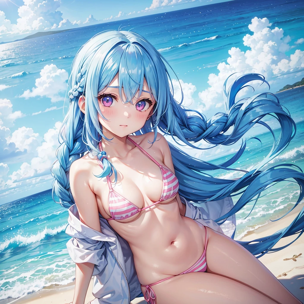 (Sky blue hair),(Braided hair tied together)、Pink eyes、Fair skin、(whole body)、(One Girl)、bikini、Shining white sand beach in midsummer、Okinawa's ocean、A happy smile、、(masterpiece、Highest quality、Very detailed、Best Shadow)、(Detailed Background)、(Beautifully detailed face)、High contrast、(Best lighting、Very delicate and beautiful)、((Cinematic Light))、colorful、Hyper Detail、Dramatic Light、Exquisite detail、Jumping and having fun