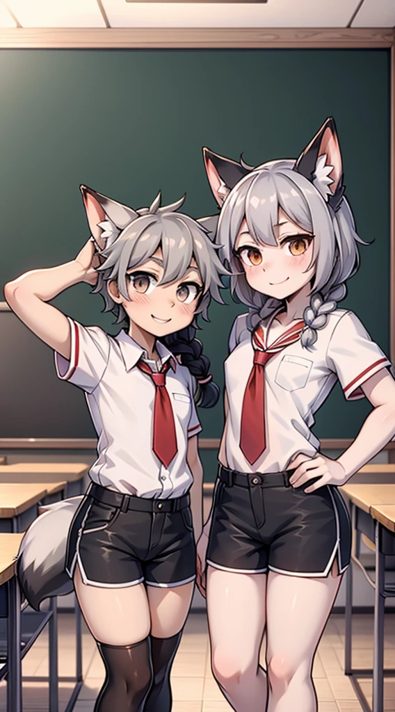 Japanese style high school shirt，cute男孩子，Gentle smile，shota，Anthropomorphic Fox，Fox Girl，小braid，braid，cute，Gray hair，全身Gray hair，全身Gray hair，Japanese school uniform shirt，shorts，shorts，Short boy，Slim figure，Classroom Background，Indoor background，Campus style，Young taming，Q version style，American anime style，femboy，femboy，Oval face