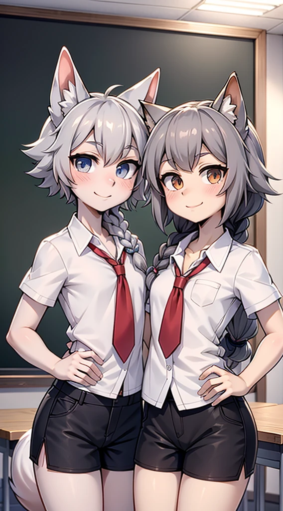 Japanese style high school shirt，cute男孩子，Gentle smile，shota，Anthropomorphic Fox，Fox Girl，小braid，braid，cute，Gray hair，全身Gray hair，全身Gray hair，Japanese school uniform shirt，shorts，shorts，Short boy，Slim figure，Classroom Background，Indoor background，Campus style，Young taming，Q version style，American anime style，femboy，femboy，Oval face