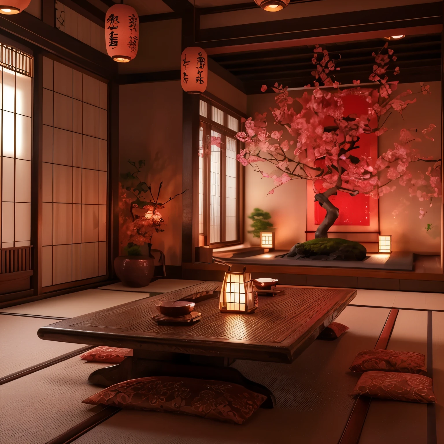 A luxurious traditional Japanese room in a Yūkaku (pleasure district), with red and pink tones. The room should have an elegant yet not overly flashy appearance. Incorporate high-quality tatami mats, a low wooden table, shoji screens, and subtle but beautiful decorations such as lanterns, bonsai plants, and intricate wall hangings. The lighting should be soft and ambient, highlighting the rich textures and colors of the room.