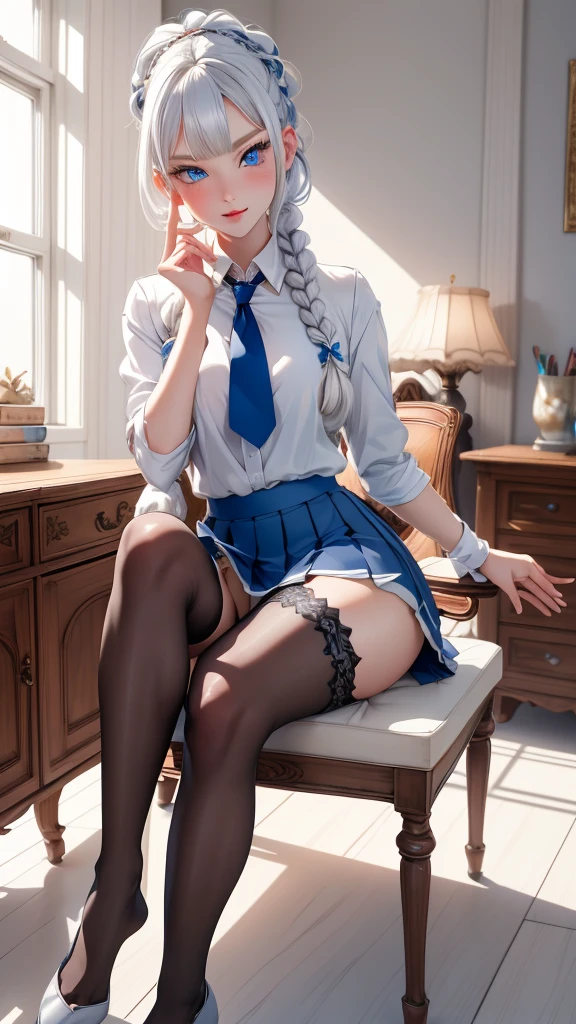 "1girl, incredibly detailed 8k cg, flawless model, mesmerizing idol, stunning face, ethereal beauty, pristine white hair, ring braids, captivating blue eyes, Kakegurui , redblazer, white shirt, pleated grey skirt, brown pantyhose, sat on desk , full body, open legs
