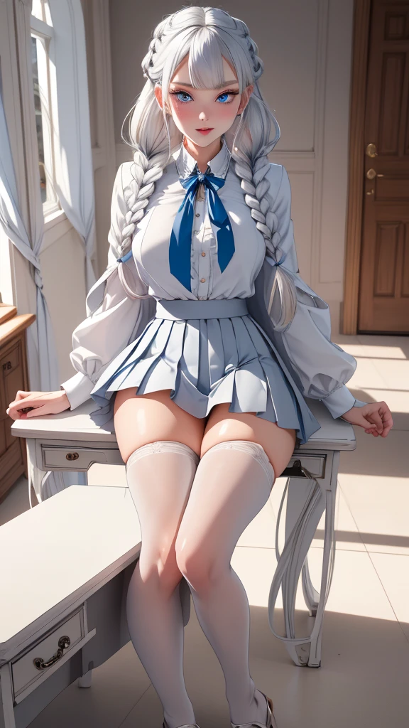 "1girl, incredibly detailed 8k cg, flawless model, mesmerizing idol, stunning face, ethereal beauty, pristine white hair, ring braids, captivating blue eyes, Kakegurui , redblazer, white shirt, pleated grey skirt, brown hose, sat on desk , full body, open legs
