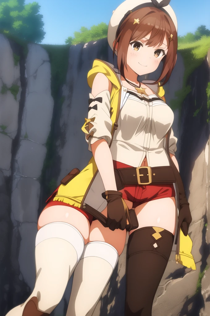 ryza, 1girl, solo, brown hair, brown eyes, bangs, single glove, leather glove, white headwear, white shirt, black bow, jacket, leather belt, shorts, short shorts, (red shorts:1.3), sleeveless, sleeveless jacket, thick thighs, leather thighhighs, yellow jacket, star necklace, smile, outdoors, (masterpiece:1.2), best quality, high resolution, unity 8k wallpaper, extremely detailed face, perfect lighting, extremely detailed CG, (perfect hands, perfect anatomy),