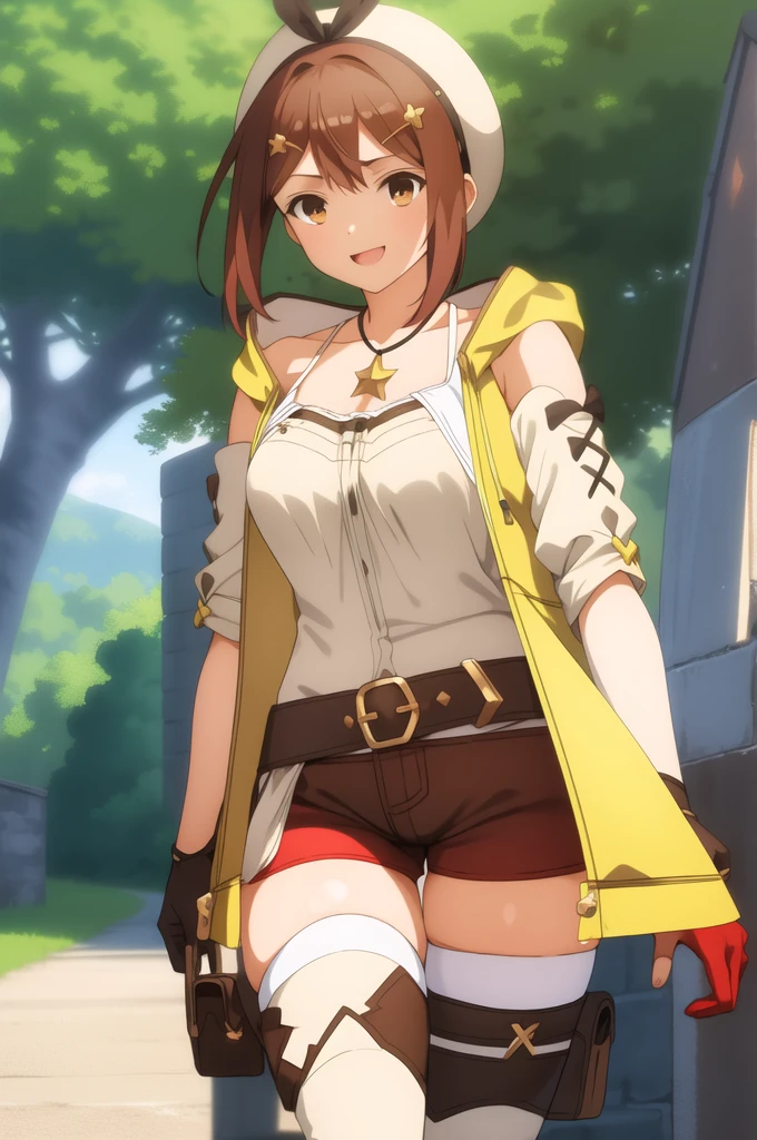 ryza, 1girl, solo, brown hair, brown eyes, bangs, single glove, leather glove, white headwear, white shirt, black bow, jacket, leather belt, shorts, short shorts, (red shorts:1.3), sleeveless, sleeveless jacket, thick thighs, leather thighhighs, yellow jacket, star necklace, smile, outdoors, (masterpiece:1.2), best quality, high resolution, unity 8k wallpaper, extremely detailed face, perfect lighting, extremely detailed CG, (perfect hands, perfect anatomy),