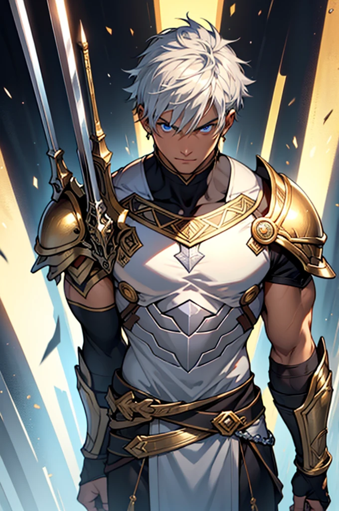 Muscular 22 year old man, rectangular body, trapezoidal head, with blue eyes, latin features, short silver hair, wearing silver armor with gold accents and tanned skin, posing standing, with a ring of light above his head, with a sword