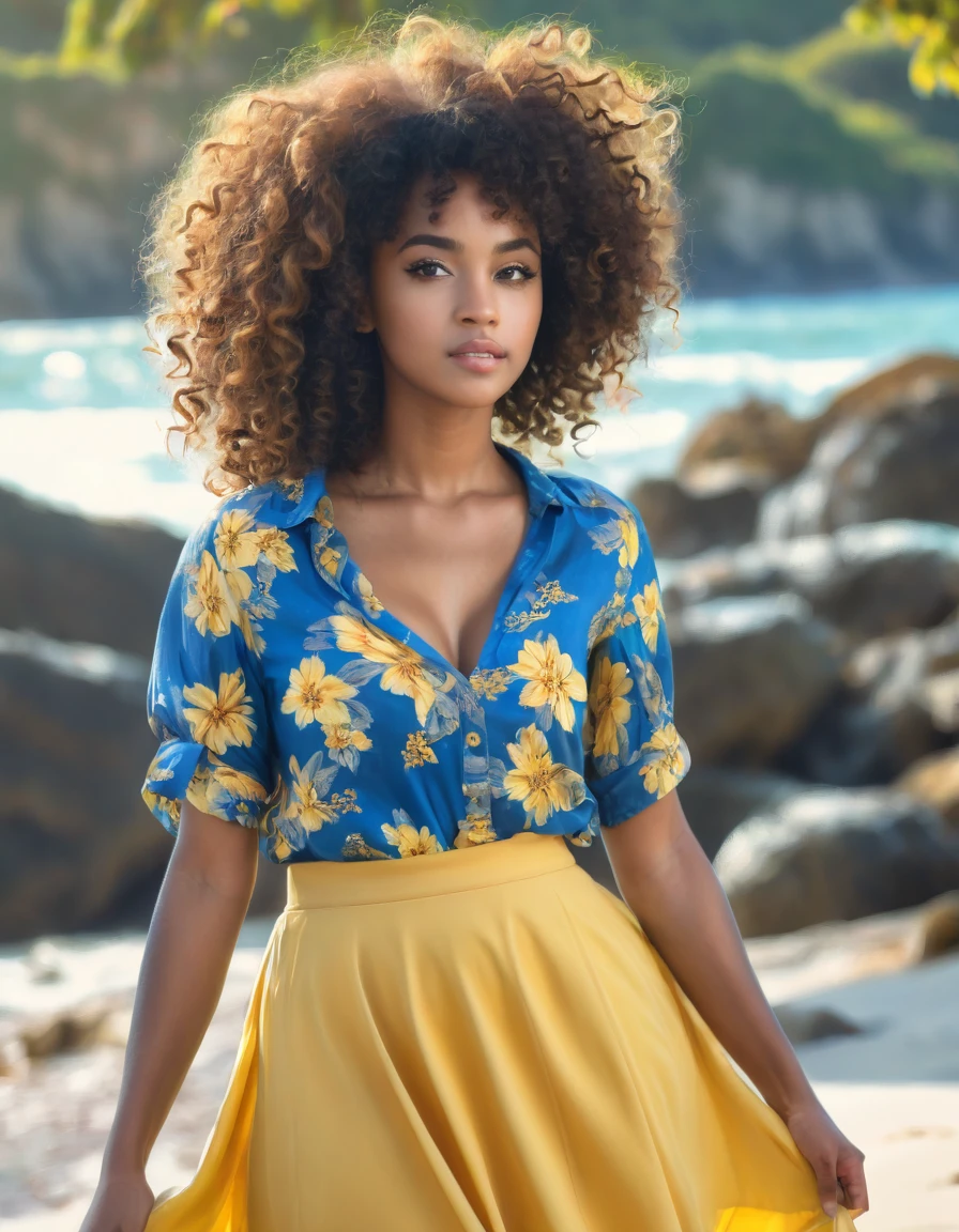 Very realistic, 4K, professional photos, 22 year old girl, black girl, big curly hair, HDR, detailed face, Medium body, yellow skirt with floral pattern, (open blue shirt), Masterpiece, (light), (1 solo), beach background, realistic background, Realistic photos