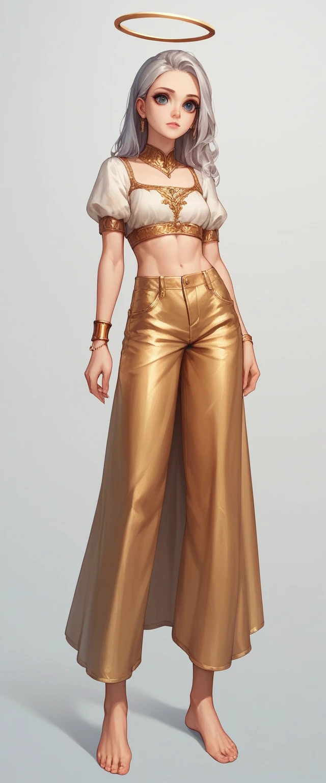 check_9,check_8_up,check_7_up,check_6_up,check_5_up,check_4_up BREAK skinny, rainbow medieval girl, concept, halo overhead, full length, standing on my feet, Gold Shorts, gold shorts, feet in silver bracelets, dressed, beautiful big eyes, she&#39;s a hunter ,( fire crossbow in bows, gold shorts )