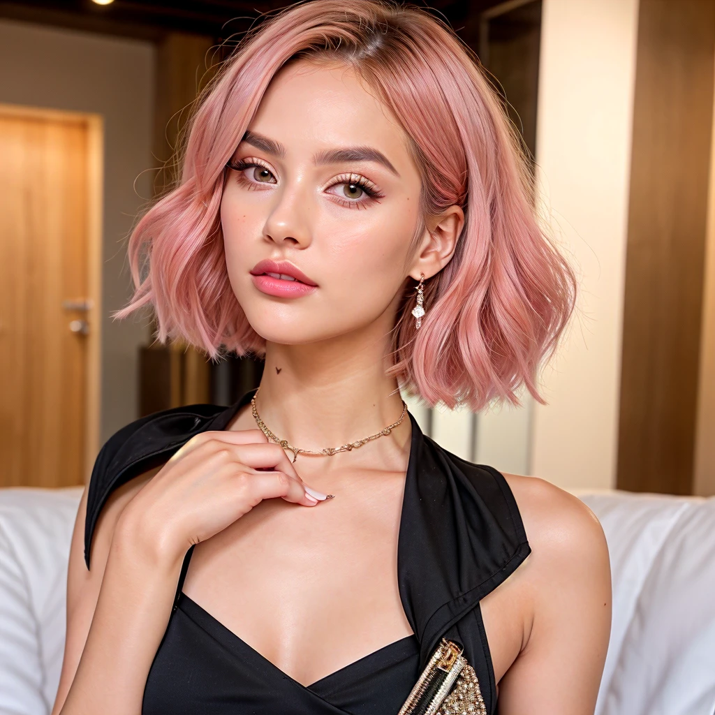 Meet Luna Rose, a digital influencer in her early twenties with fair English skin and vibrant pink hair styled in a chic, tousled bob. She has sharp, well-defined eyebrows, large, sparkling eyes, a slightly upturned nose, and full, naturally glossy lips. Her radiant, dewy skin highlights her high cheekbones, adding elegance to her edgy-chic style. Luna's wardrobe blends bold, statement pieces with sophisticated fashion, accessorized with eye-catching jewelry and handbags. She exudes confidence, charm, and authenticity, captivating a young audience with her creative, fashion-forward content on Instagram, TikTok, YouTube, and .