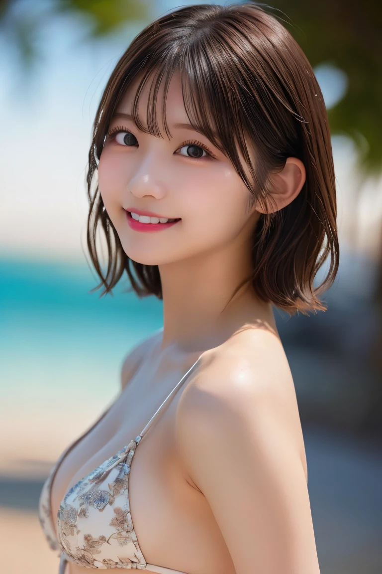 (8K.Highest quality), (beautiful)、Very delicate eyes、Brown eyes、22-year-old female、Brown Hair、looking at the camera、Semi-short hair、Gal、Soft boobs、Upper Body、Micro Bikini、Natural lips、Backlit background、smile