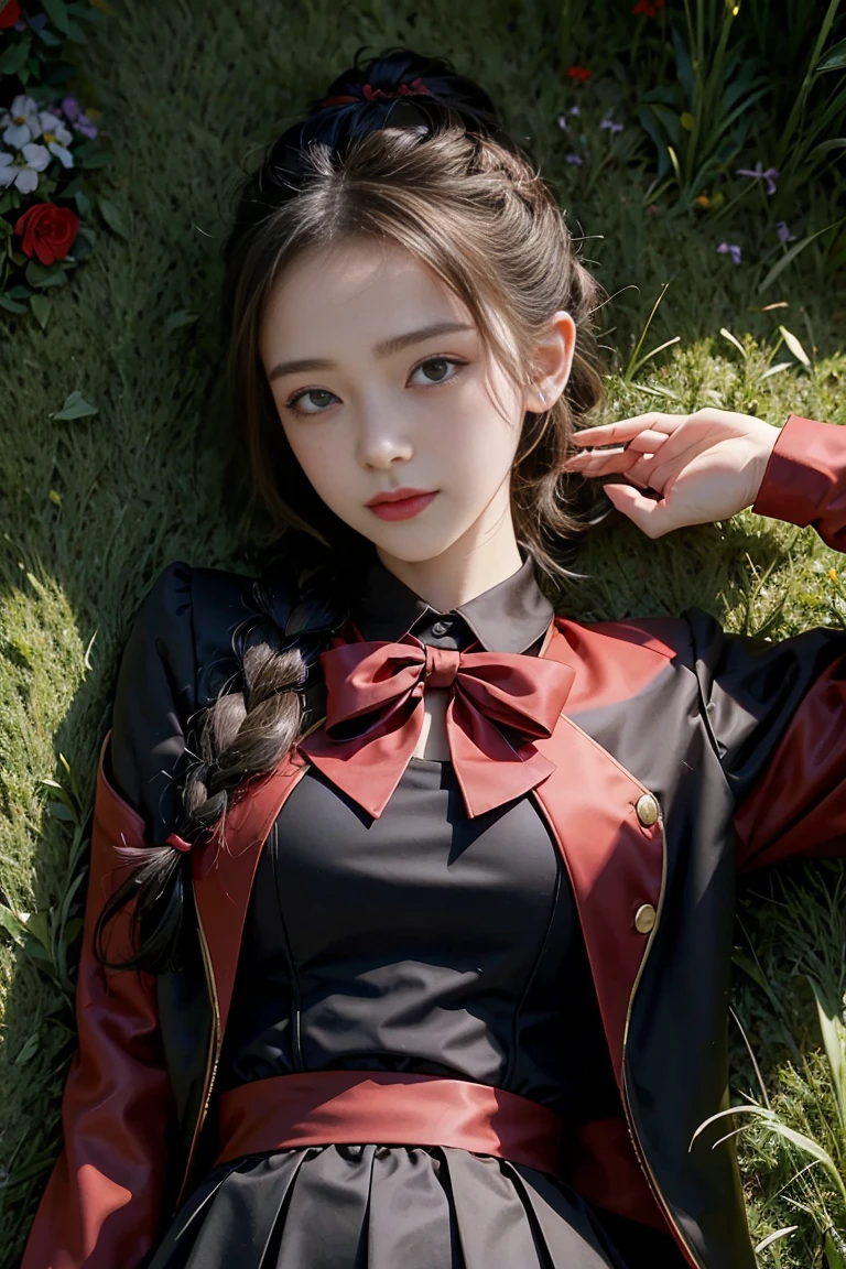 masterpiece, best quality, feMonica, hair bun, braid, red bow, black jacket, black skirt, red pantyhose, upper body, from above, lying on back, grass, looking at viewer, tired, smile, garden 