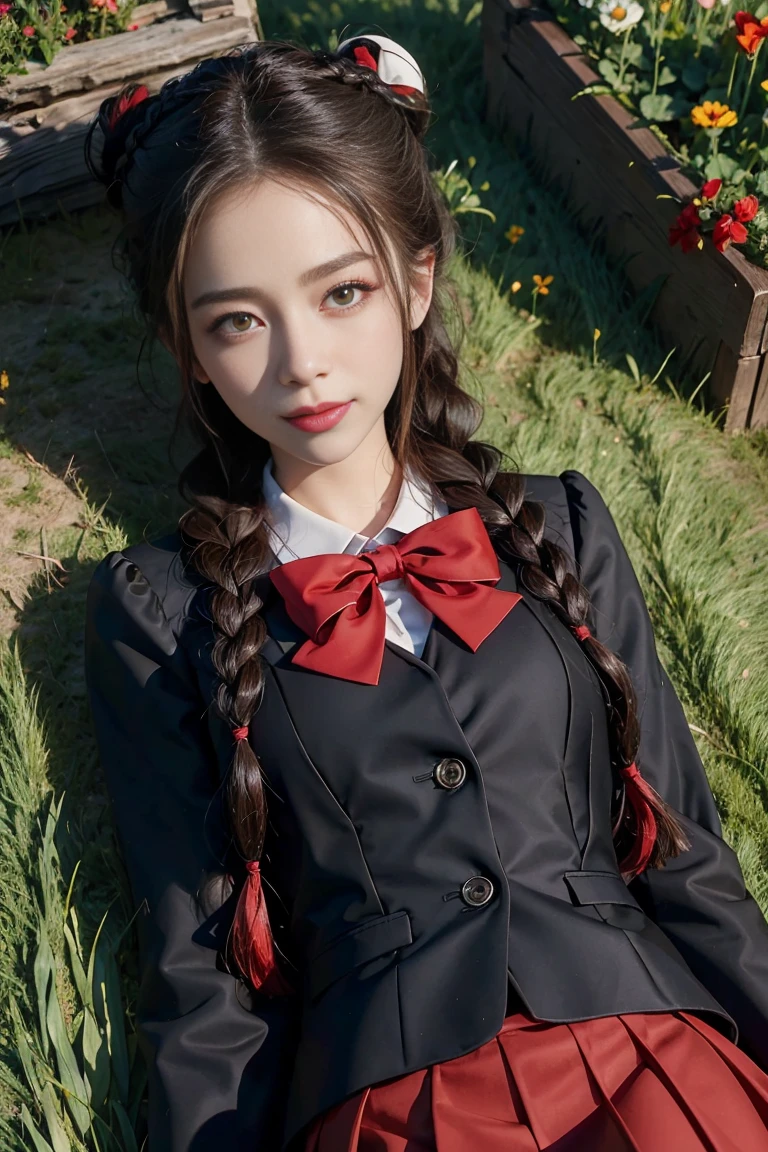 masterpiece, best quality, feMonica, hair bun, braid, red bow, black jacket, black skirt, red pantyhose, upper body, from above, lying on back, grass, looking at viewer, tired, smile, garden