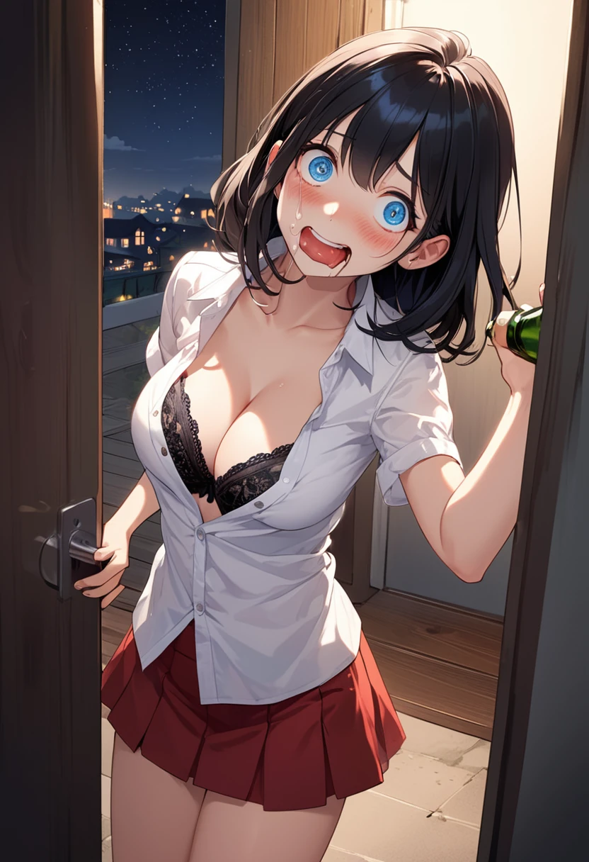 detailed illustration, dynamic angle, ultra-detailed, illustration, 1girl, white blouse, unbuttoned shirt, cleavage, navel, black bra, red skirt, short skirt, standing in doorway, holding beer bottle, blue eyes, long black hair, dizzy eyes, dizzy, blushed, flushed, drunk, drooling, nighttime, night, outside, dark, lidded eyes