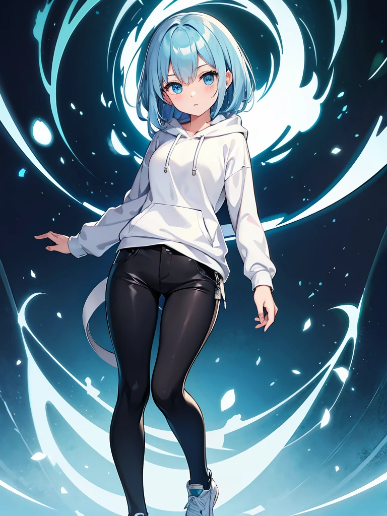 Masterpiece, high quality,(full body 1.2), animated standing portrait, black half pants and white hoodie,(green hair 1.4), anime girl with short green hair and green eyes,(detailed eyes 1.6),(clear eyes 1.4),(beautiful eyes 1.4),(shining eyes 1.4), white cyan, from arc knights , green hair, shining blue eyes, blue eyes, detailed key animated art, animated portrait, shining eyes, blue haired girl, light blue hair, black half pants, white stockings, 4K