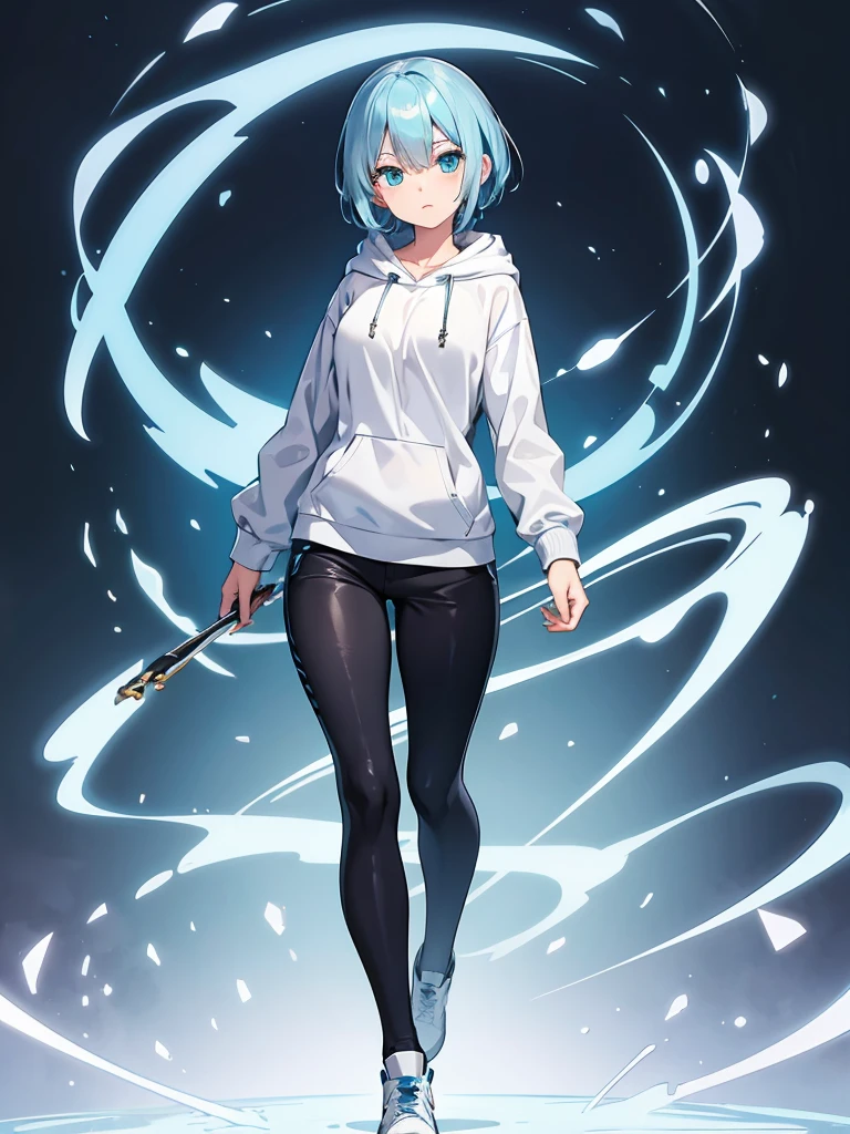 Masterpiece, high quality,(full body 1.2), animated standing portrait, black half pants and white hoodie,(green hair 1.4), anime girl with short green hair and green eyes,(detailed eyes 1.6),(clear eyes 1.4),(beautiful eyes 1.4),(shining eyes 1.4), white cyan, from arc knights , green hair, shining blue eyes, blue eyes, detailed key animated art, animated portrait, shining eyes, blue haired girl, light blue hair, black half pants, white stockings, 4K