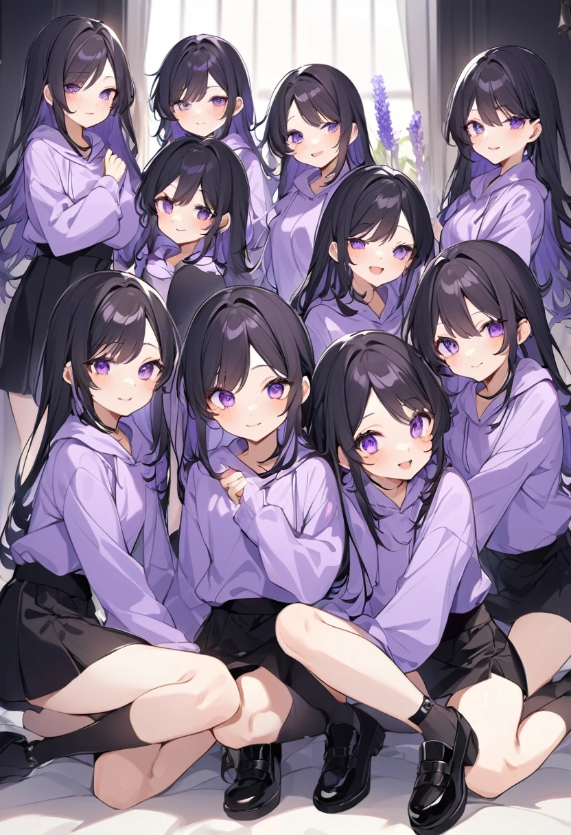 Keito。Purple hoodie。Black Skirt。Purple Eyes。Black Hair。Black shoes下。Black shoes。6 sistery eldest daughter has lavender hair.。all female。Sextuplets