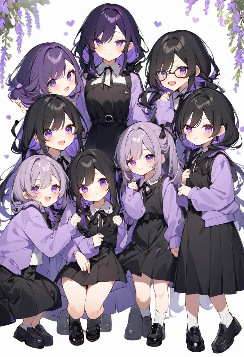 Keito。Purple hoodie。Black Skirt。Purple Eyes。Black Hair。Black shoes下。Black shoes。6 sistery eldest daughter has lavender hair.。all female。Sextuplets