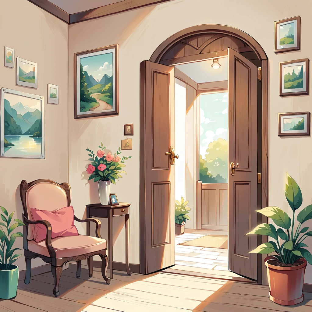 The door to a cozy house in soft colors.