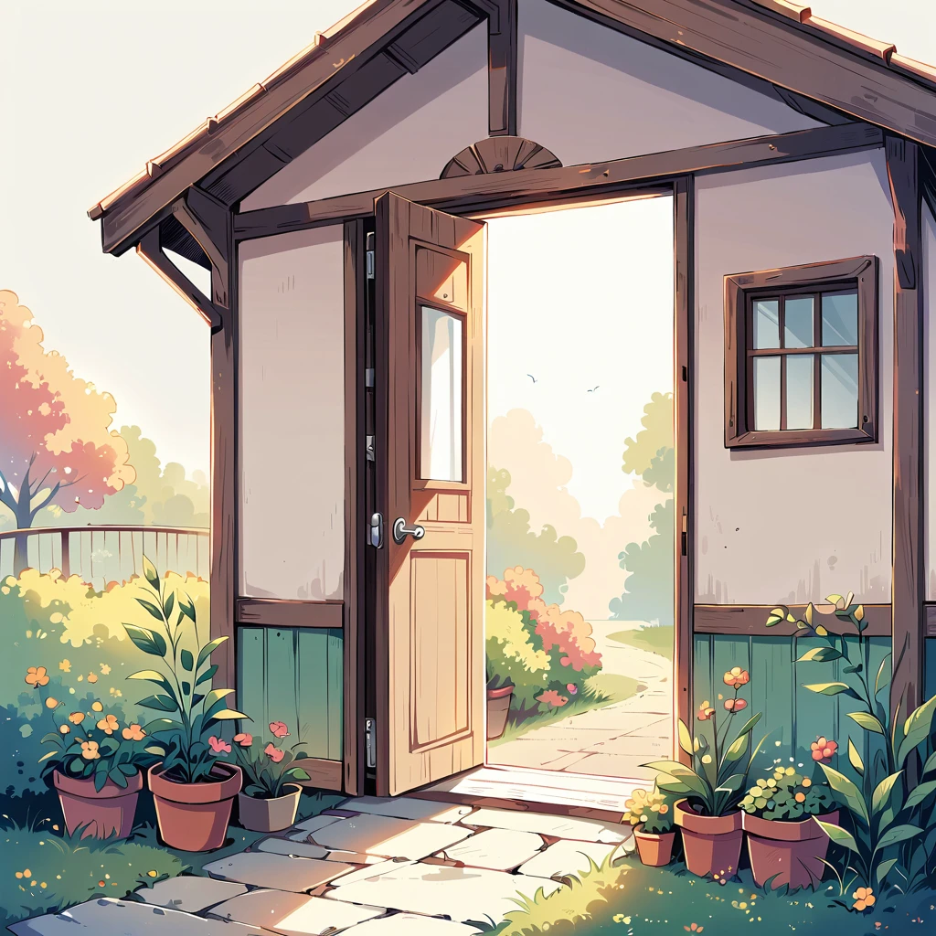 The door to a cozy house in soft colors.