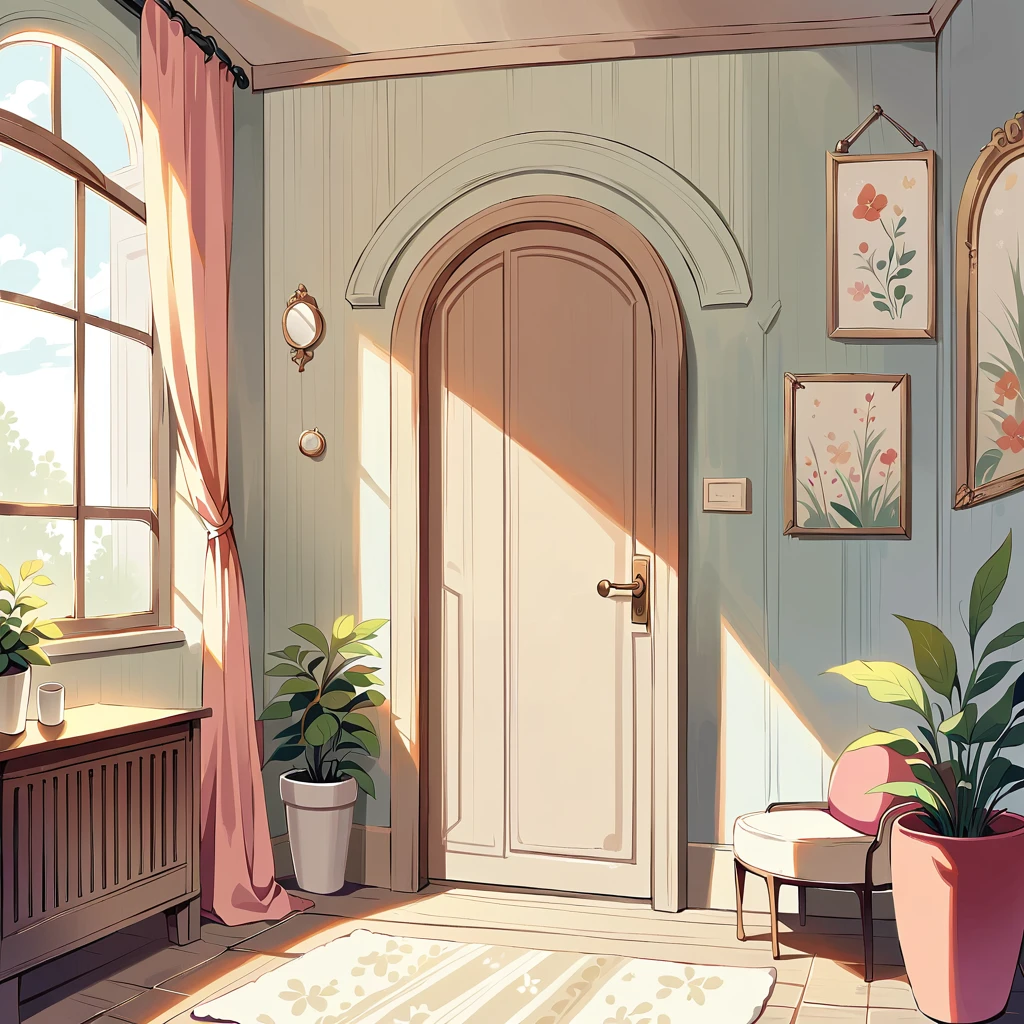 The door to a cozy house in soft colors.