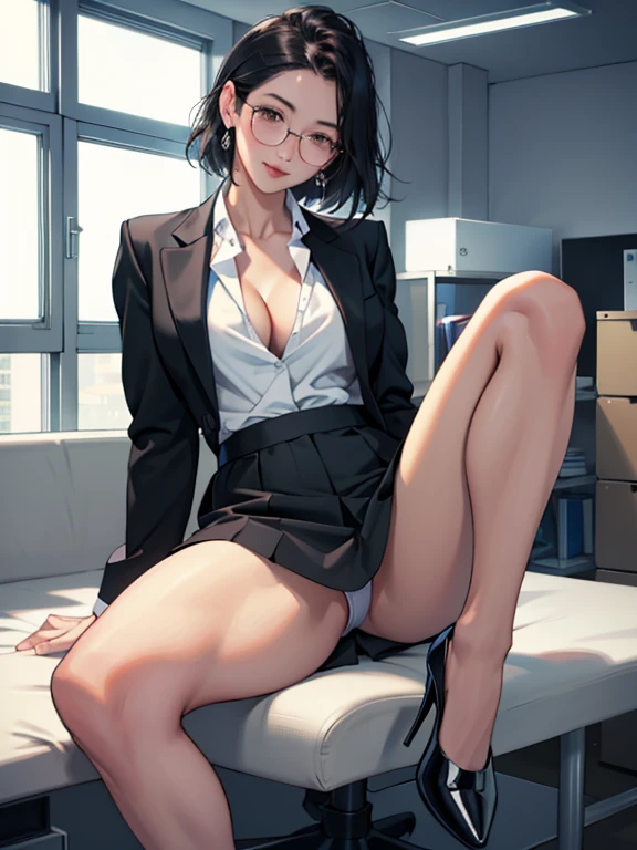 Browsing Caution, アニメ、Attractive office lady,28 years old,Black Hair,Medium Hair,Brown eyes,Highest quality、Unity 8k wallpaper、32k、masterpiece、Ultra-detailed、Ultra-high resolution、Natural Light、(Very detailed and complex)、Beautiful face and eyes in every detail、Sharp pupils、smile、High heels、Woman in skirt and shirt sitting on the desk, office服, on the desk, Sit at a desk, Sitting at a desk,Bent knees、Spread your legs、Spread your legs、 shot、 Business casual attire, Sexy、iness Attire,office, At work, Wearing glasses, Fully clothed, business attire, Embarrassing, smile、business suit、Cleavage