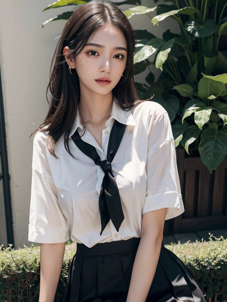 absurdres, RAW photo, extremely delicate and beautiful, masterpiece, Best Quality, ultra high resolution, 32k, hyperrealistic, ultra-detailed, perfect figure, in her 20s, very small head, very small face, delicate facial features, tearful mole, earring, very huge breasts, full body shot, medium hair, black hair, school_uniform, short skirt,