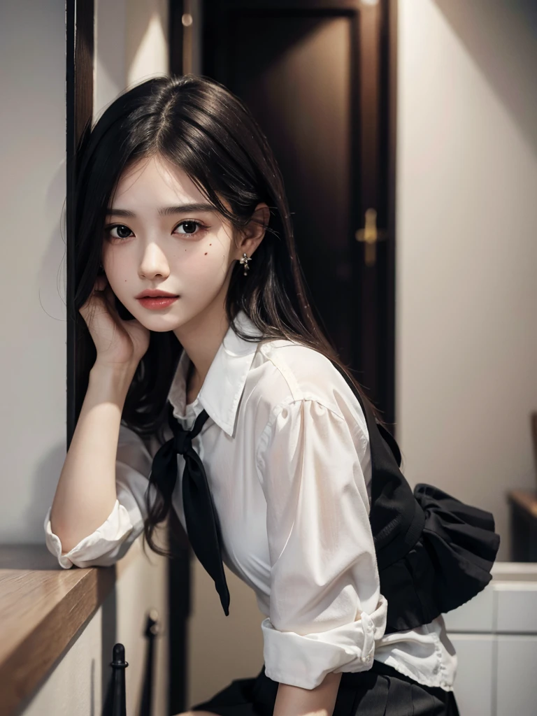 absurdres, RAW photo, extremely delicate and beautiful, masterpiece, Best Quality, ultra high resolution, 32k, hyperrealistic, ultra-detailed, perfect figure, in her 20s, very small head, very small face, delicate facial features, tearful mole, earring, very huge breasts, full body shot, medium hair, black hair, school_uniform, short skirt,