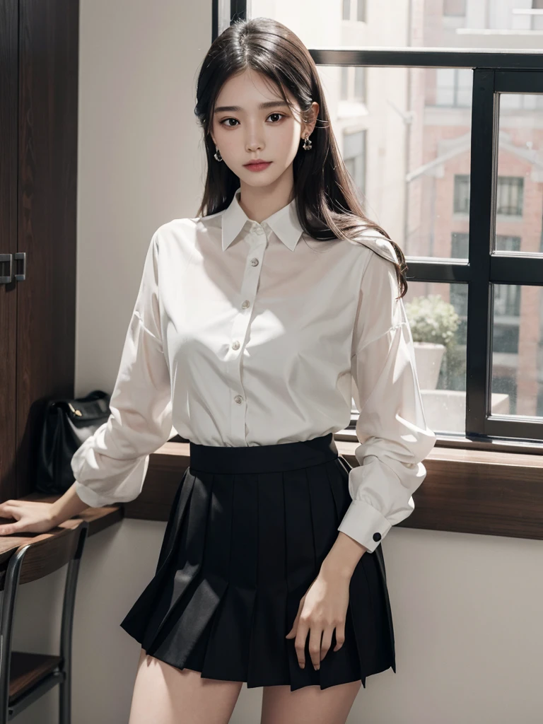 absurdres, RAW photo, extremely delicate and beautiful, masterpiece, Best Quality, ultra high resolution, 32k, hyperrealistic, ultra-detailed, perfect figure, in her 20s, very small head, very small face, delicate facial features, tearful mole, earring, very huge breasts, full body shot, medium hair, black hair, school_uniform, short skirt,