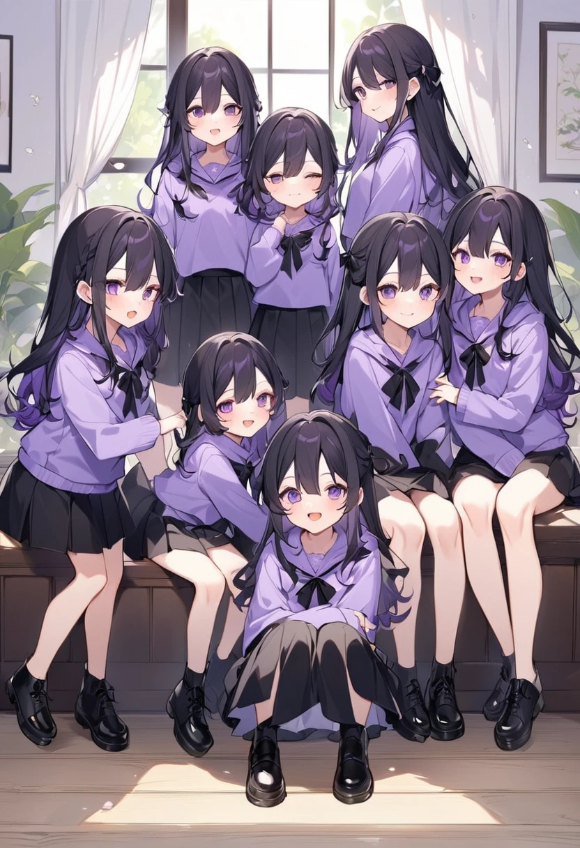 Keito。Purple hoodie。Black Skirt。Purple Eyes。Black Hair。Black shoes下。Black shoes。6 sistery eldest daughter has lavender hair.。all female。Sextuplets