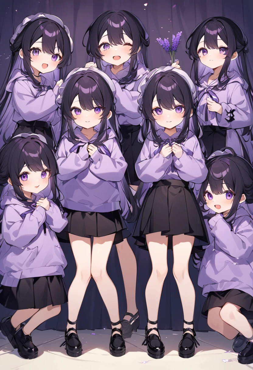 Keito。Purple hoodie。Black Skirt。Purple Eyes。Black Hair。Black shoes下。Black shoes。6 sistery eldest daughter has lavender hair.。all female。Sextuplets