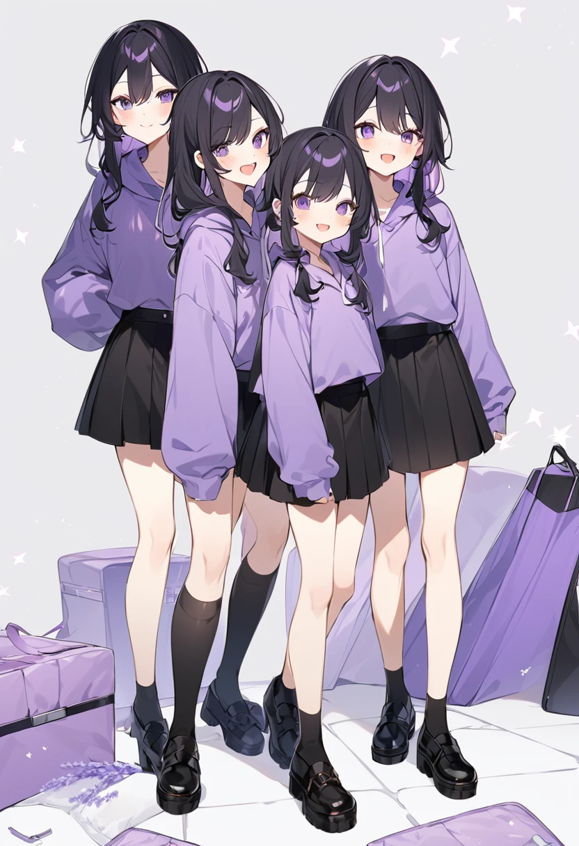 Keito。Purple hoodie。Black Skirt。Purple Eyes。Black Hair。Black shoes下。Black shoes。6 sistery eldest daughter has lavender hair.。all female。Sextuplets