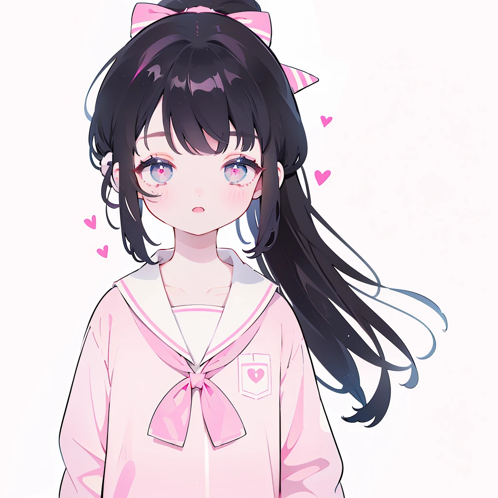 1girl, v, pink cardigan, sailor collar, heart, sleeves past wrists, pink jacket, smile, bow, closed eyes, white sailor collar, solo, blush, ponytail, pink bow, pink sweater, hair bow, cardigan, long hair, closed mouth, long sleeves, bangs, black hair, upper body, white background, neckerchief, serafuku, , simple background, eyebrows visible through hair, facing viewer, shirt, collarbone