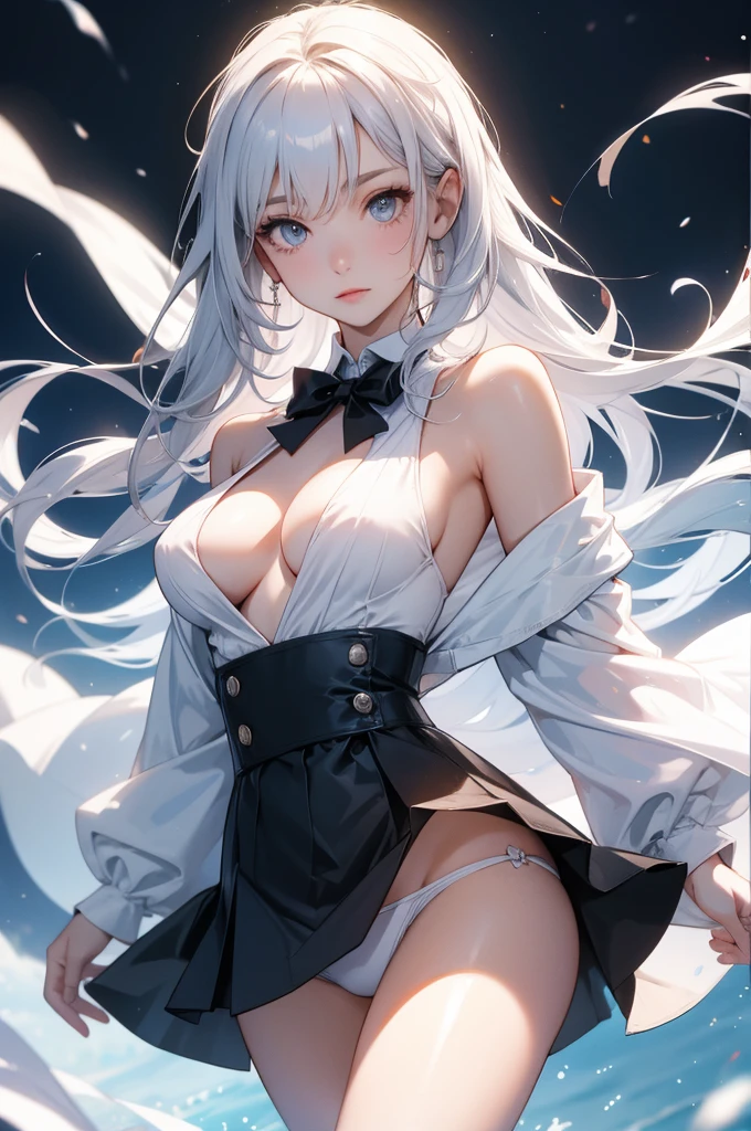 Pure white shirt,long hair,Small Bust,Cleavage,Nipples,mini skirt,White panties