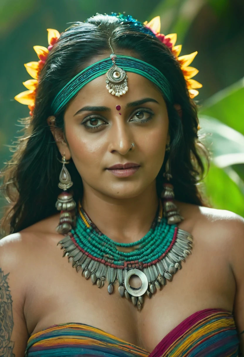Foto RAW, skin glistening by sweat, looks like Anushka Shetty, thick figure, curvy, milf, 50 years old Woman, tattoo in the middle of her breast, with realistic Indian headdress , tribal girl, stunning looks, tribal headdress, tattoos, colourful tribal tattoos, tribal white girl, Polynesian tribe, best quality , best cinematic colour grading, detailed lighting, high resolution , (pele altamente detalhada: 1.2), 8k UHD, DSLR, soft-lighting, alta qualidade, grain of film, Fujifilm XT3, highly detailed armpits, armpits hair, fully naked, nipples covered by hai, skin pores, skin texture, high quality skin,