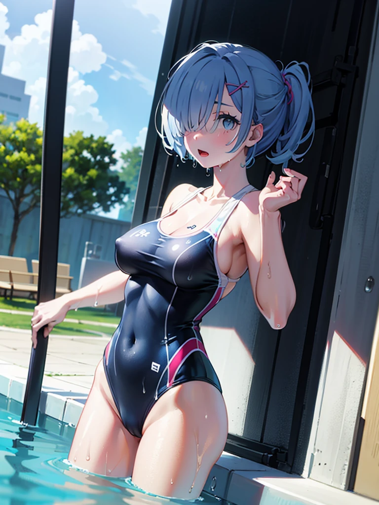 school swimwear、Acme Face、Random pose、short hair、Blue Hair、、hair over one eye、、nsfw、 masterpiece, best quality, 1 girl, 独奏, large breasts, gray eyes, swept bangs, black hair, half updo hair, looking side, excited, cowboy shot, from the front, black competitive swimsuit, pool, in the pool, (wet:1.2), (water drops:1.2)、Ocean